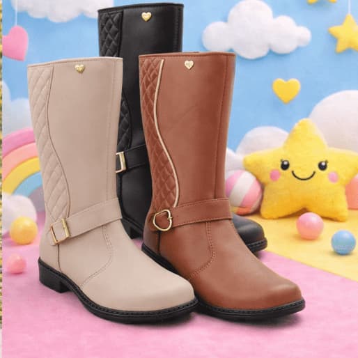 BOTA INFANTIL MENINA MONTARIA CANO ALTO BORDADO MATELASSÊ LANÇAMENTO ZIPER CONFORTAVEL