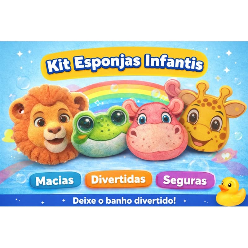 Kit Esponjas Infantis de Banho – Animais Divertidos Fofos | Banho Divertido, Macio e Seguro