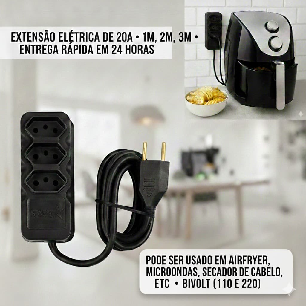 Extensão Elétrica Reforçada 20A 3 Tomadas Bivolt – Para Airfryer, Micro-ondas e Secador 1m 2m 3m