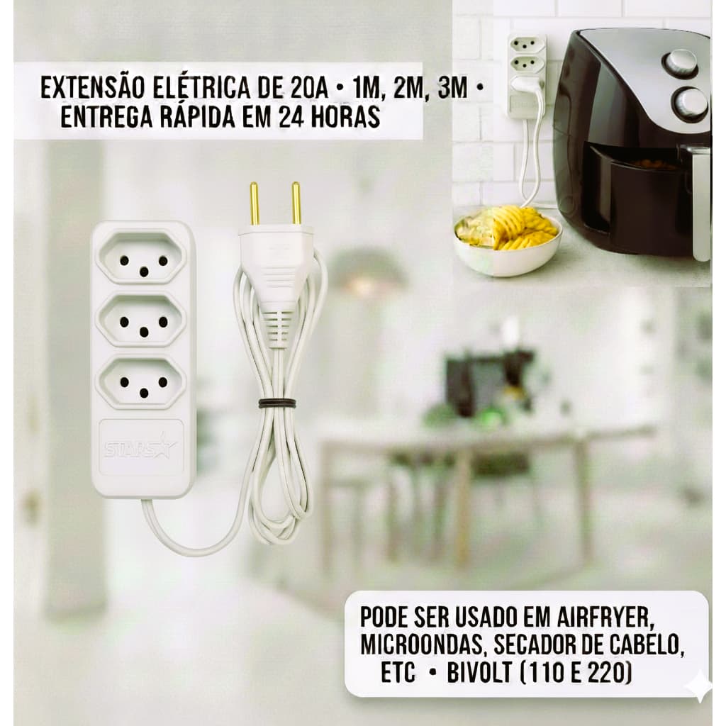 Extensão Elétrica 20A Bivolt Fio Reforçado 1m 2m 3m