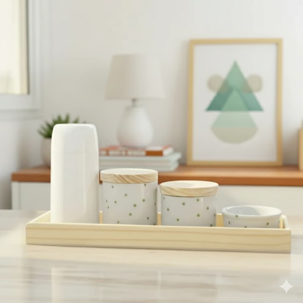 Kit Higiene Bebê Moderno Porcelana Poá Pinus Banho Cuidados K066