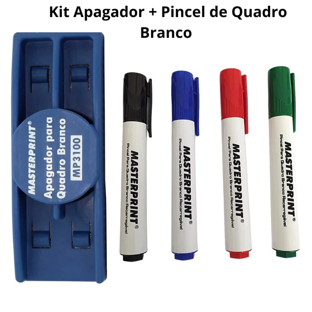Kit Pincel Para Quadro Branco Recarregável 2 Cores Diversas e Apagador Quadro Branco Masterprint
