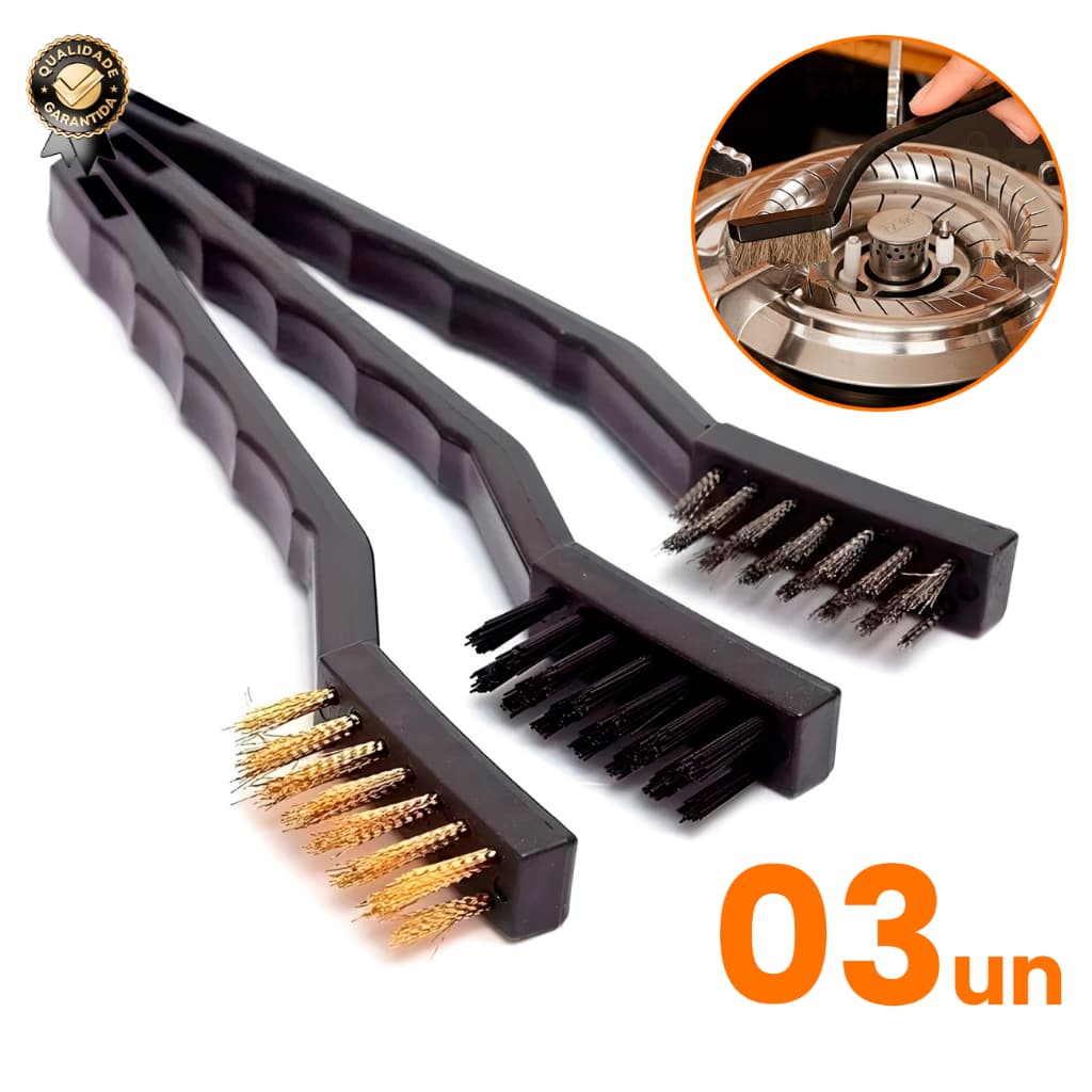 Kit 03 Escovas de Aço Multiuso Aço Latão Nylon Cabo Plástico