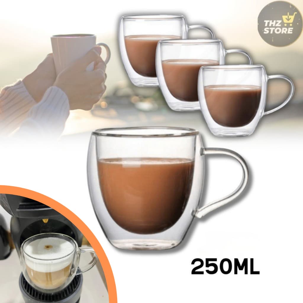 Jogo de Xicaras Vidro Duplo Caneca Parede Dupla 250ml Chicaras para Cafe Chá Dolce Gusto Capuccino Suco Água Fundo Duplo