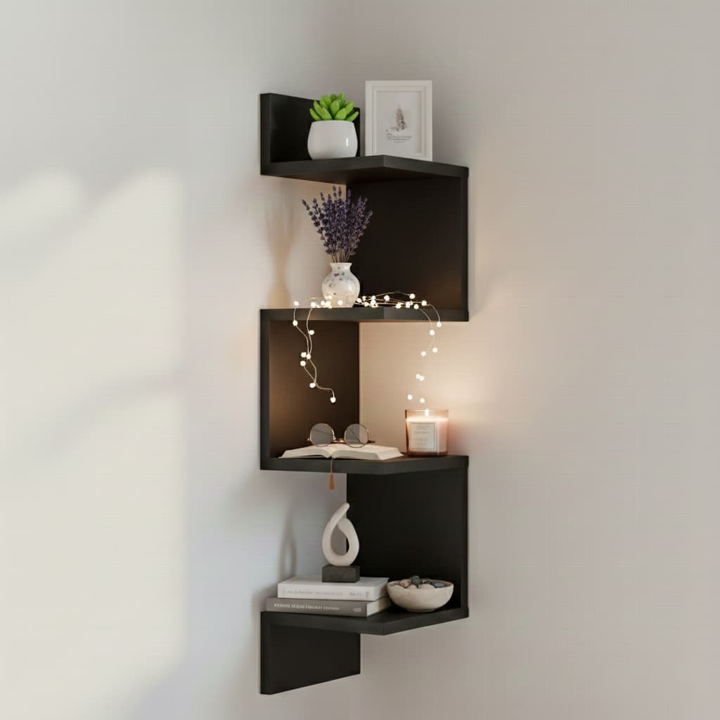 Prateleira De Canto Reto Branca Mdf ou Mdp Estante Multiuso Livros Nicho Preto