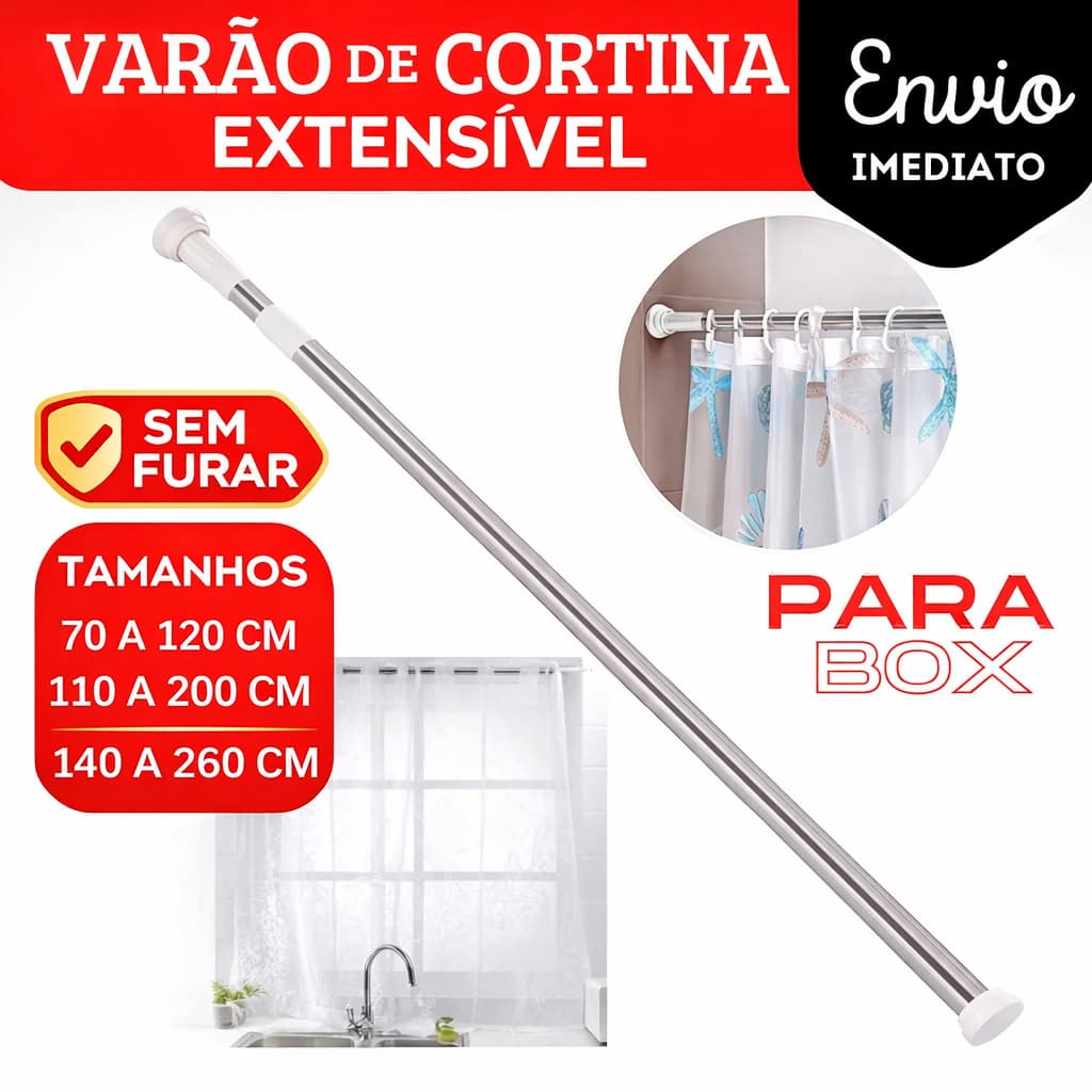 Varão de Cortina Extensível Box Banheiro | Ajustável Universal | 70–120 / 110–200 / 140–260