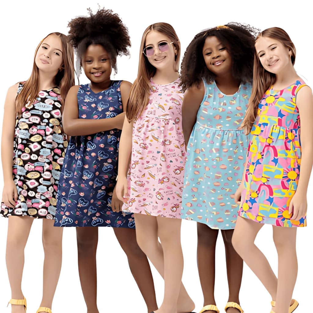 Kit 5 Vestidos Sortidos Infantil De Cotton Algodão Menina Juvenil Cotton Confortável
