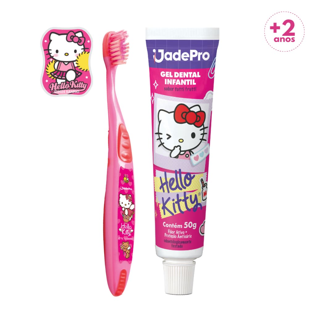 Kit Escova de Dente Menina Hello Kitty c Protetor de Cerdas + Gel Dental c Glitter Cor Aleatória +2a