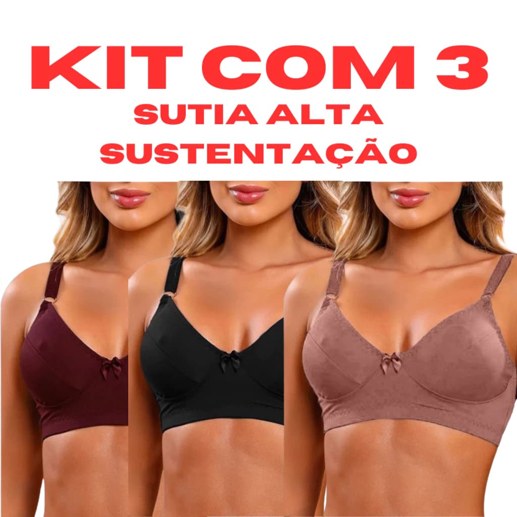 Kit 3 sutiã Sustentação Reforçado Lateral Larga Sem Bojo Promoção
