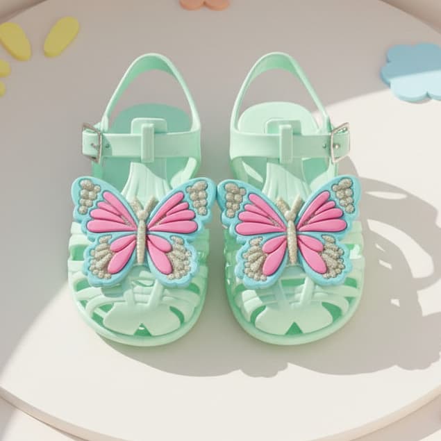 Sandália infantil Feminina Borboletas Flor Leves Escola Passeio Transparente Glitter Verão