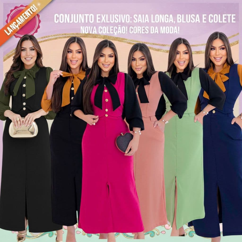 CONJUNTO ELEGANTE 3 PEÇAS: SAIA LONGA, COLETE E BLUSA MODA EVANGÉLICA CRISTÃ, CULTO CONGRESSO SOCIAL