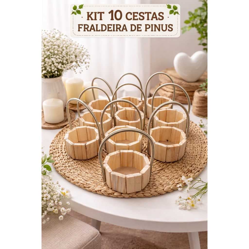 kit 10 cestas mini redonda de pinus alça sintética 11 cm