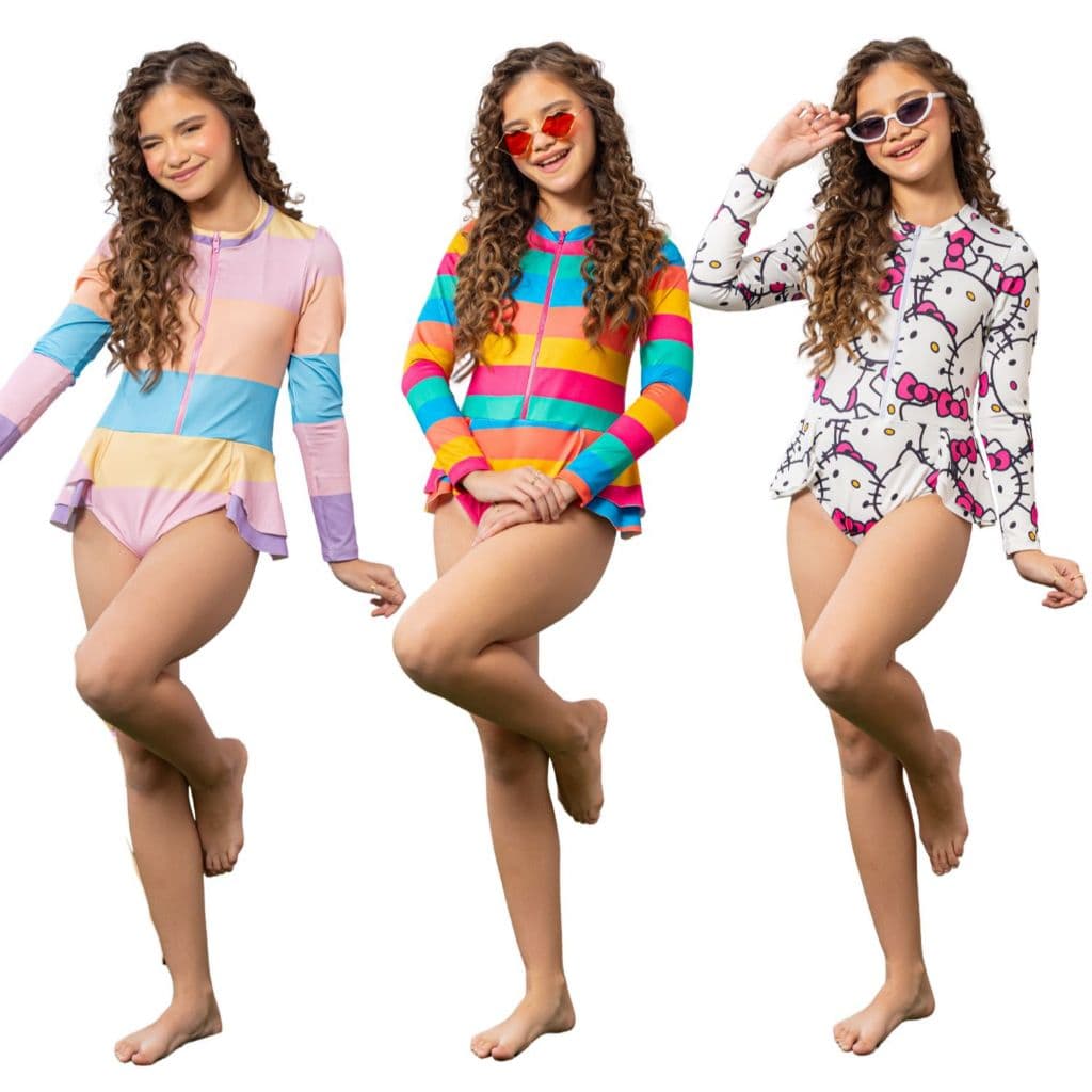 Maio Infantil Juvenil Manga Longa com Ziper Menina Moda Praia