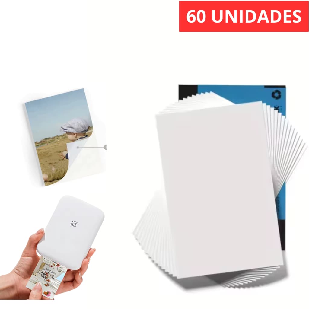 Kit 60 Unidades Papel Fotografico Zink Instantâneo Compatível com Câmeras Para Impressora MT53 Papel Térmico