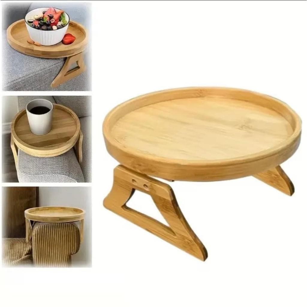 Bandeja Apoio Dobrável Para Braço de Sofá em Bambu Modelo Redondo Porta Copo Alimento