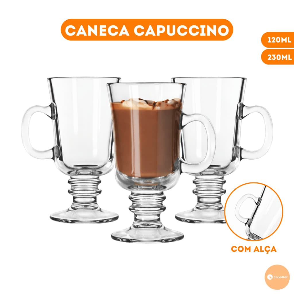 Kit 3/6 Canecas Vidro Capuccino Versátil Premium Com Alça 230ml/120ml