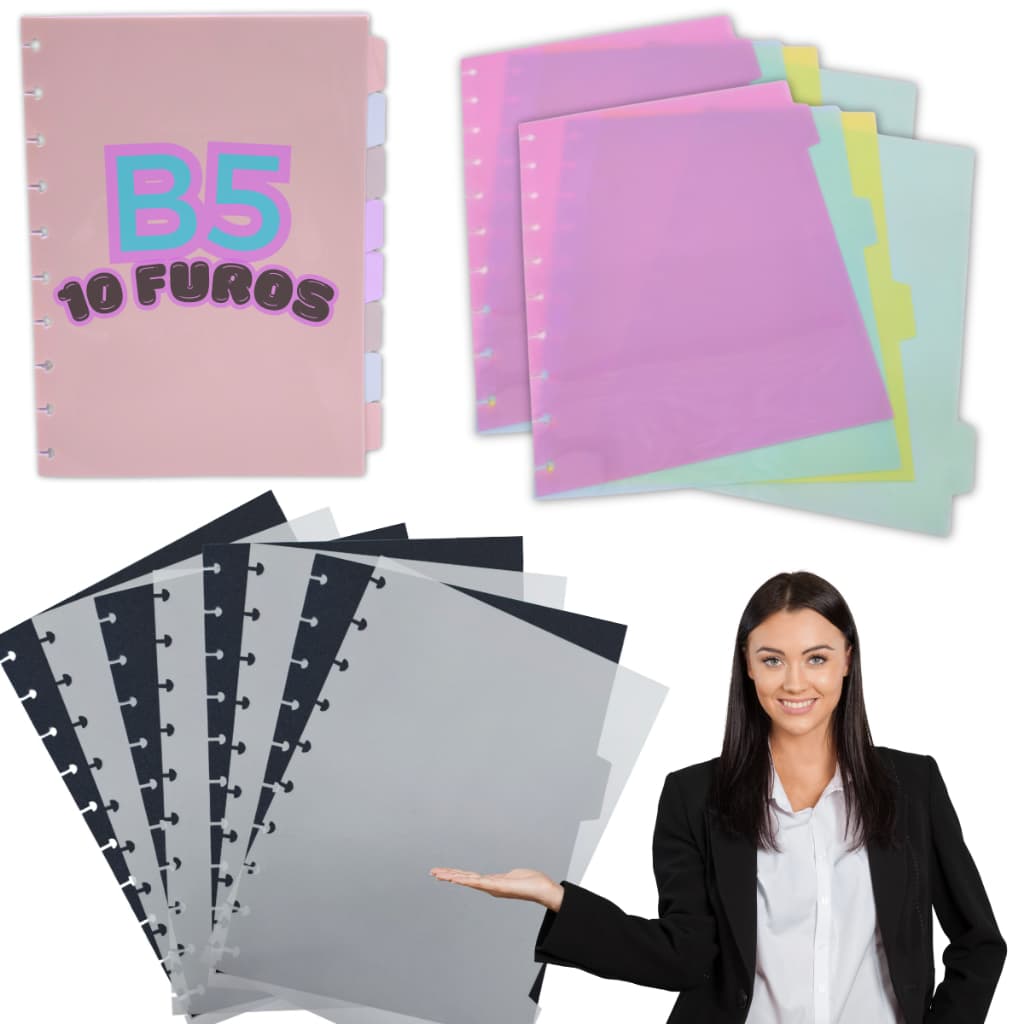 Kit 8 Divisórias Para Caderno Inteligente Grande Plástico Refil B5 10 Furos