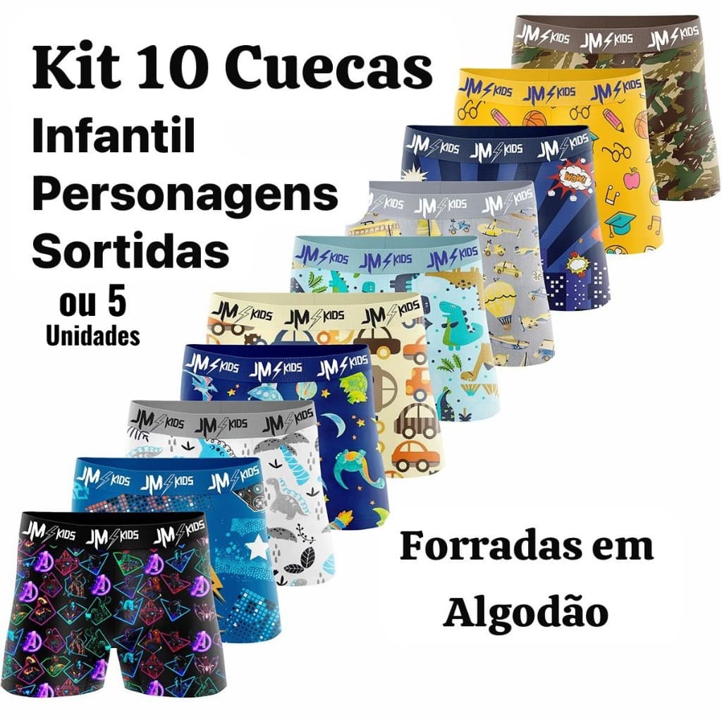 Kit Cueca Infantil Personagens Box Com Forro Em Algodão