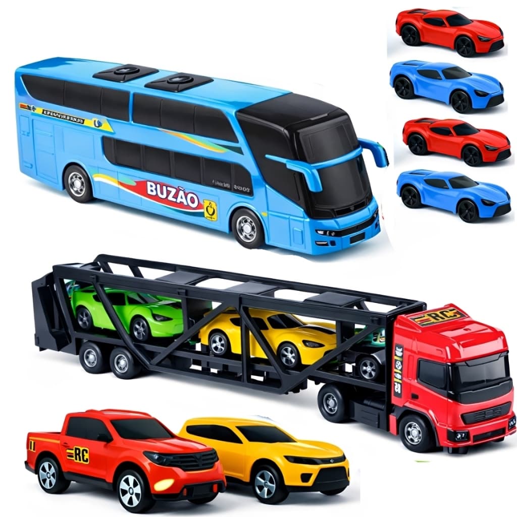 Kit Carrinhos Brinquedo 8 Peças: Caminhão Cegonha + Ônibus + 2 Caminhonetes + 4 Mini Carrinhos