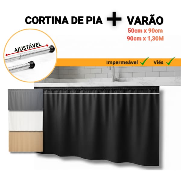 Kit 1 Cortina de Pia PVC + 1 Suporte Extensível Varal 50cm x 90cm / 90cm x 130cm Ajustável Cozinha