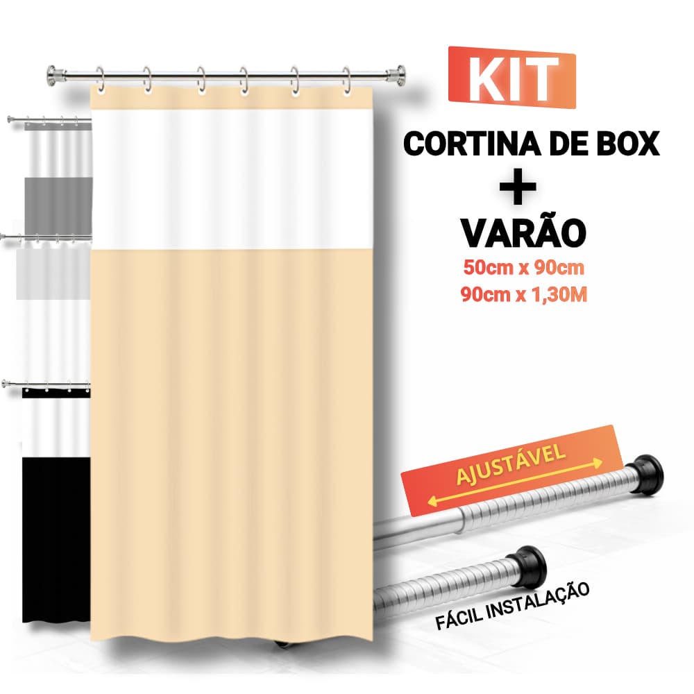 Kit 1 Cortina de Box Visor Antimofo + Bastão Suporte P box Banheiro Varão 90cm x 1,30m / 50cm x 90cm