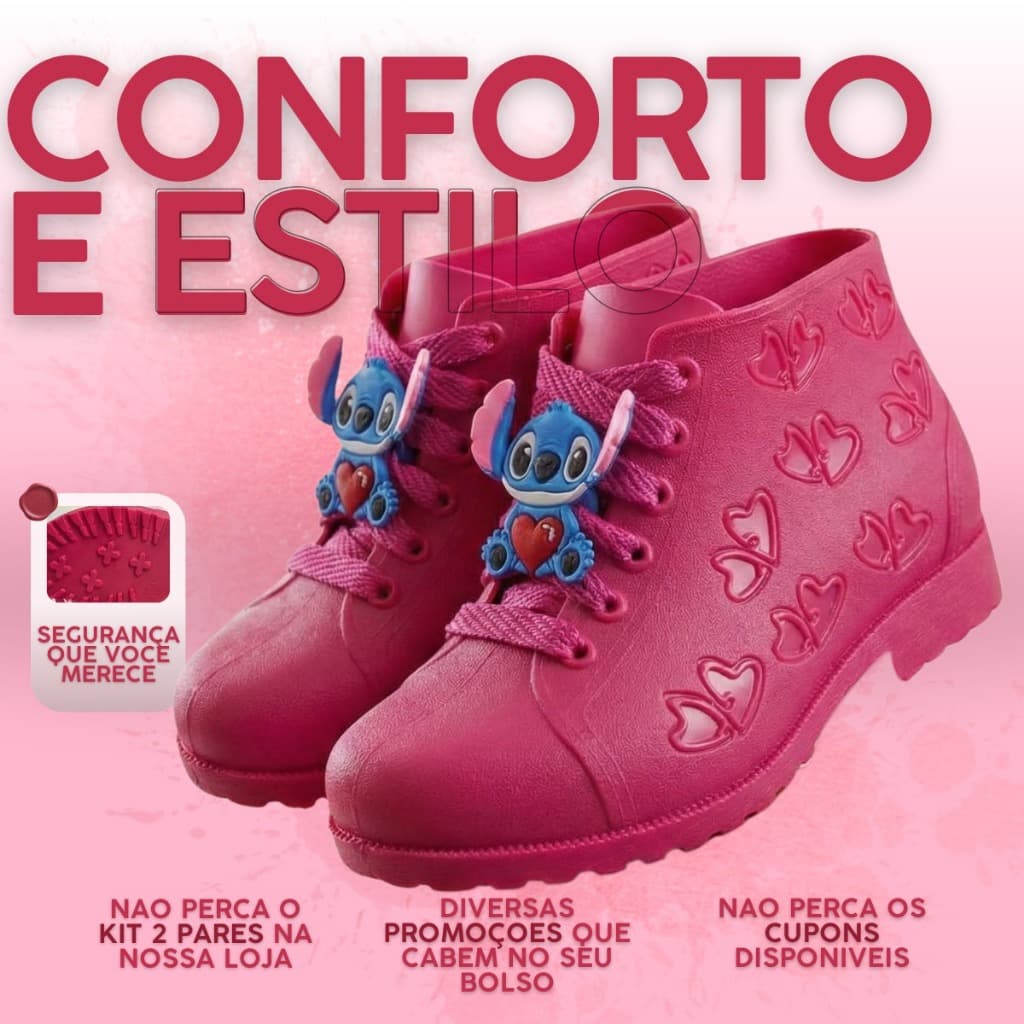 Botinha Infantil Feminina com Stitch Confortável Antiderrapante