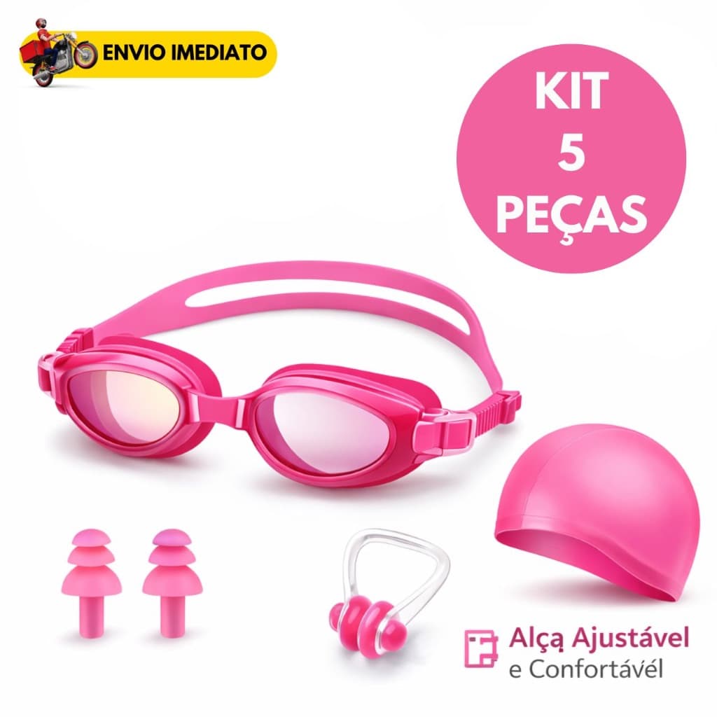 Kit Natação Infantil 5 Peças com Óculos, Touca, Protetor Auricular e Nasal Antiembaçante para Piscina