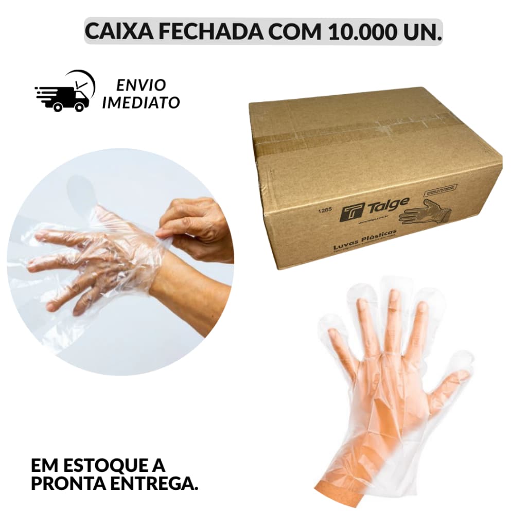 Kit 10.000 Unidades Caixa Luva Descartável Plástica Multiuso Talge e Medix Luva Plástica Transparente