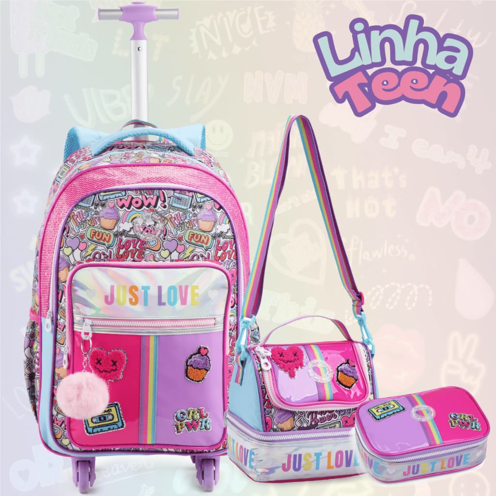 Kit Mochila Lancheira e Estojo Box Juvenil Feminina Rodinhas opção 360 Jovem Infantil Escolar Menina