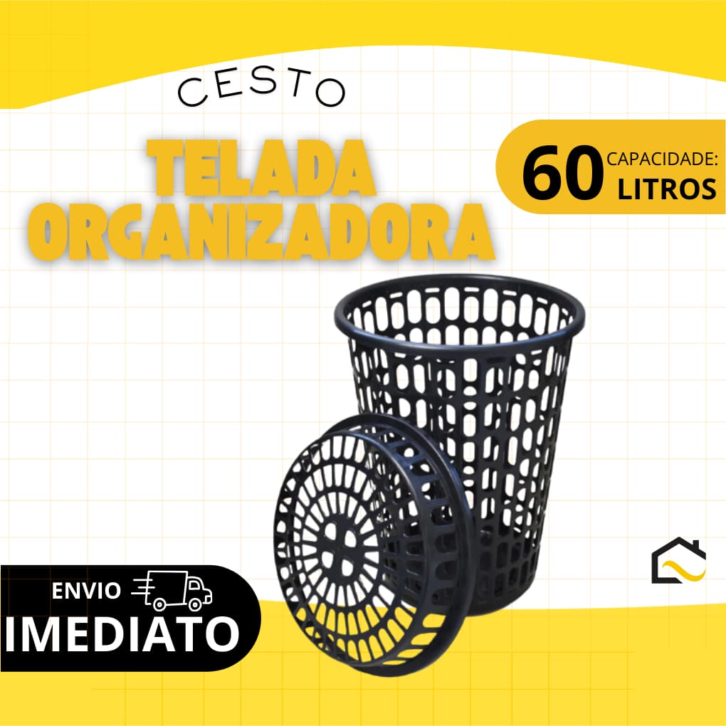 Cesto Telado Organizador 60 Litros com Tampa – Multiuso para Roupas, Banheiro e Lavanderia