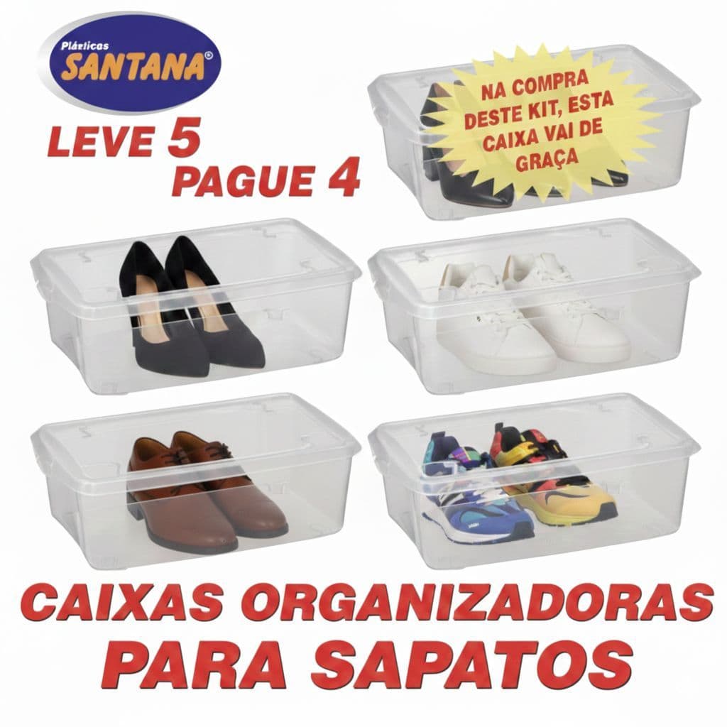 Kit 5 Caixas Organizadoras Para Sapatos Roupas multiuso Grande Portátil Transparente Casa - Santana