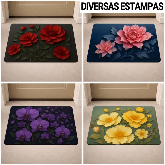 Tapete de Porta Antiderrapante - Flores - 3D - Entrada - Diversas Estampas - 40x60 - Decoração