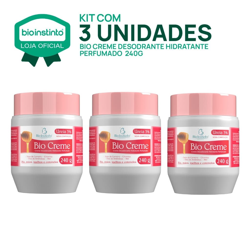 03 UN BIO CREME 240g Bio Instinto Desodorante e Hidratante Perfumado Para Pés e Mãos Macios