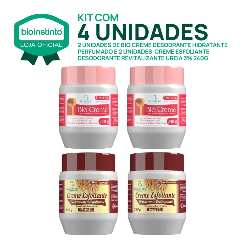 KIT 02 CREME ESFOLIANTE + 02 BIO CREME 240g Revitalização Corporal Pés Hidratação Intensa Pés Mão