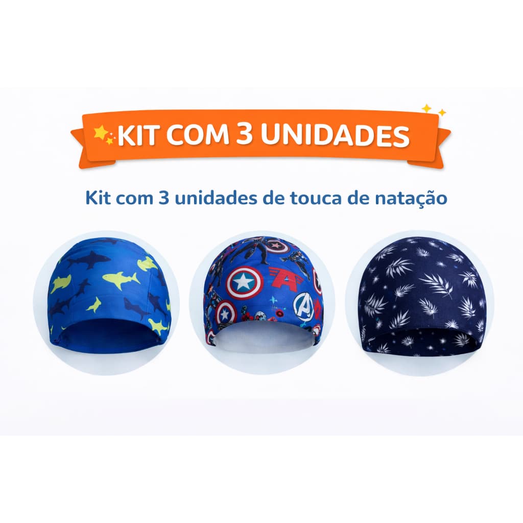 kit 3 Touca de Natação para Criança em Lycra Confortável Unissex