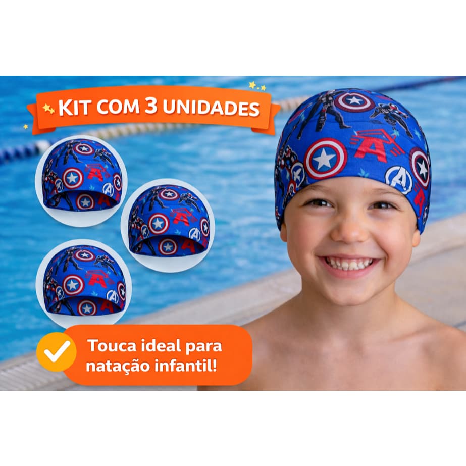 kit 3 Touca de Natação Infantil Lycra Confortável para Criança Piscina Praia