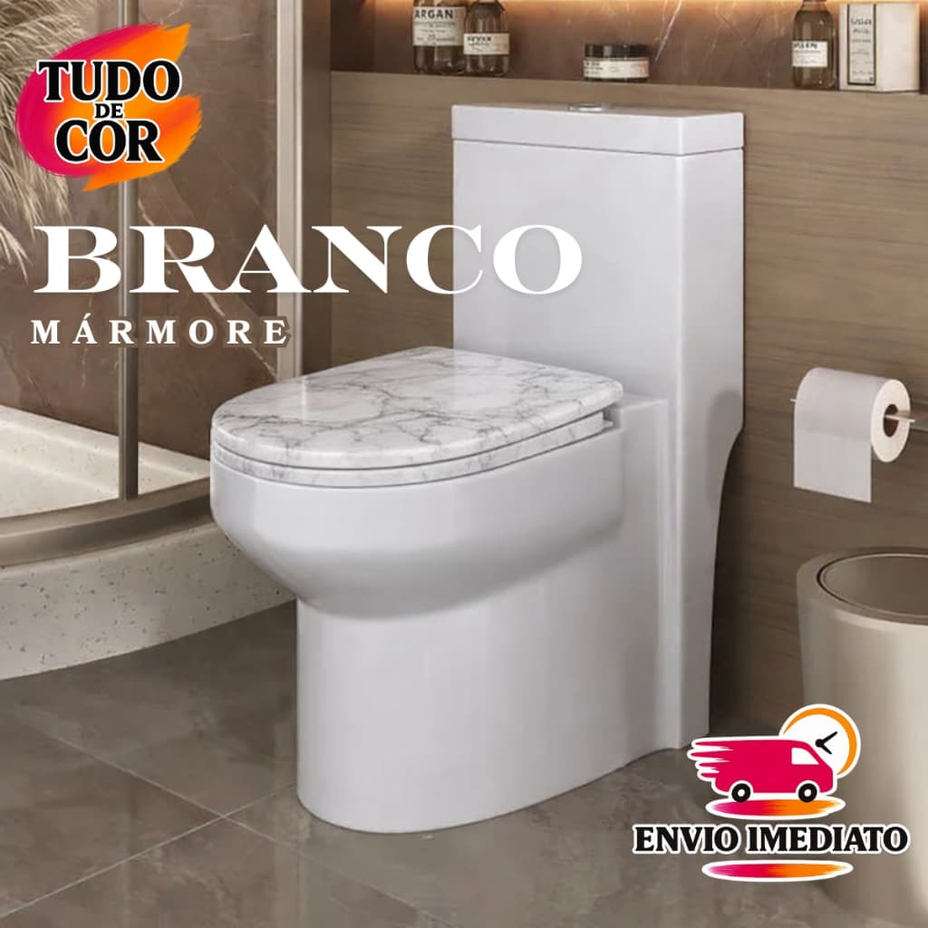 Assento Sanitário Branco Almofadado Tampa de Vaso Plástico com Efeito Mármore Oval Atlas
