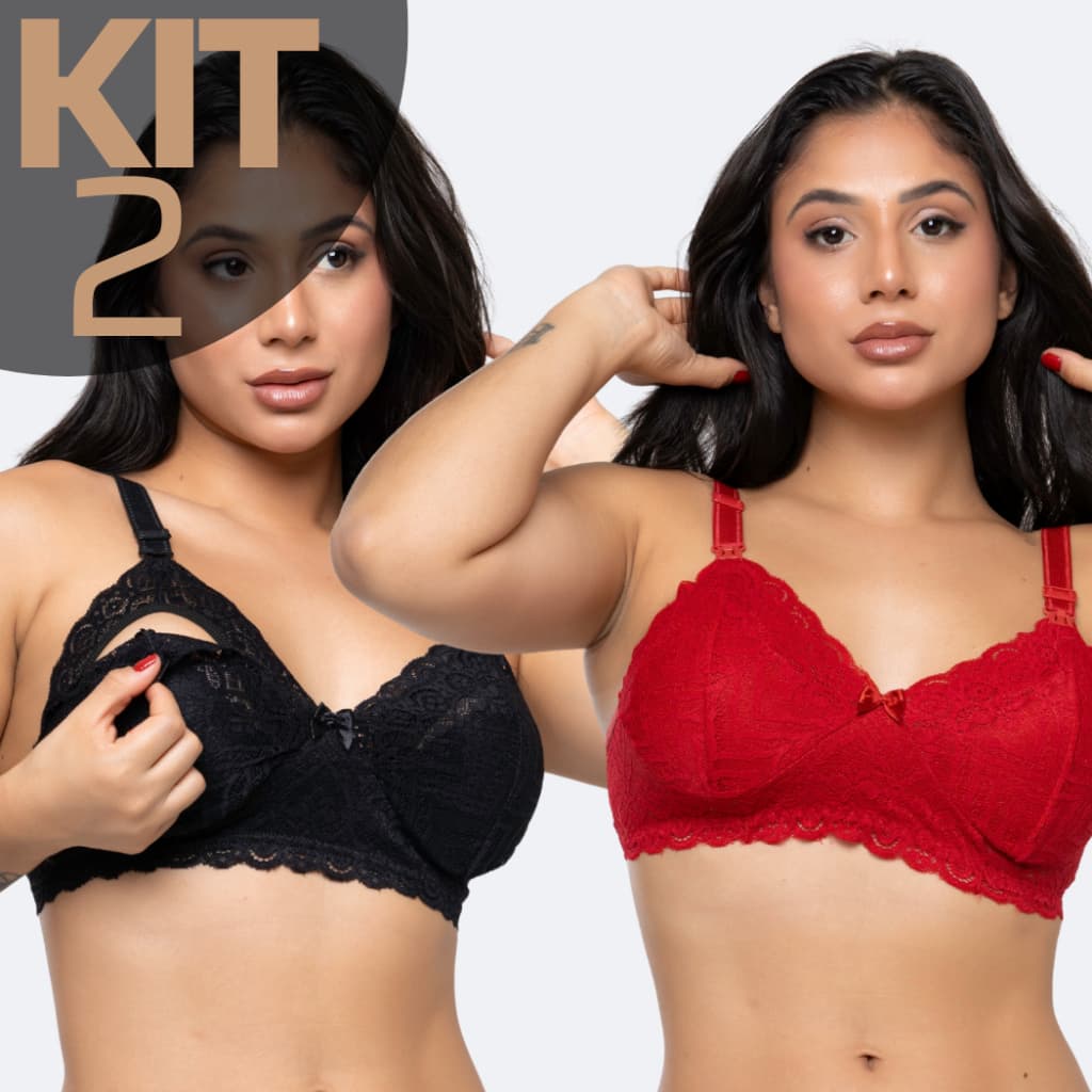 KIT 2 Sutiã Amamentação Renda Sem Bojo Sem Aro Reforçado Gestante Pós Parto Para Amamentar