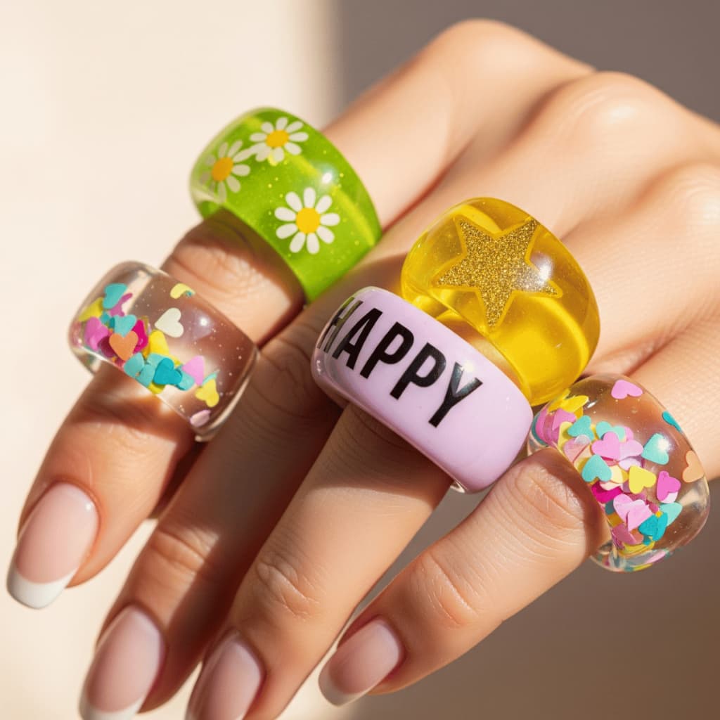 Anel em Acrílico Sortidos Vários Tamanhos Pintado a Mão Personalizados Moda Kids e Adultos Aliança