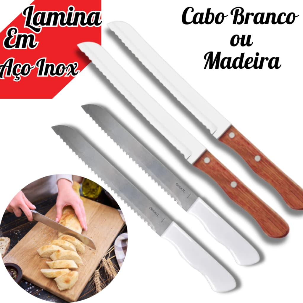 Faca de Pão Serra p/ Bolo e Tortas Profissional Inox Cabo Branco 6” ou Cabo Madeira 8”