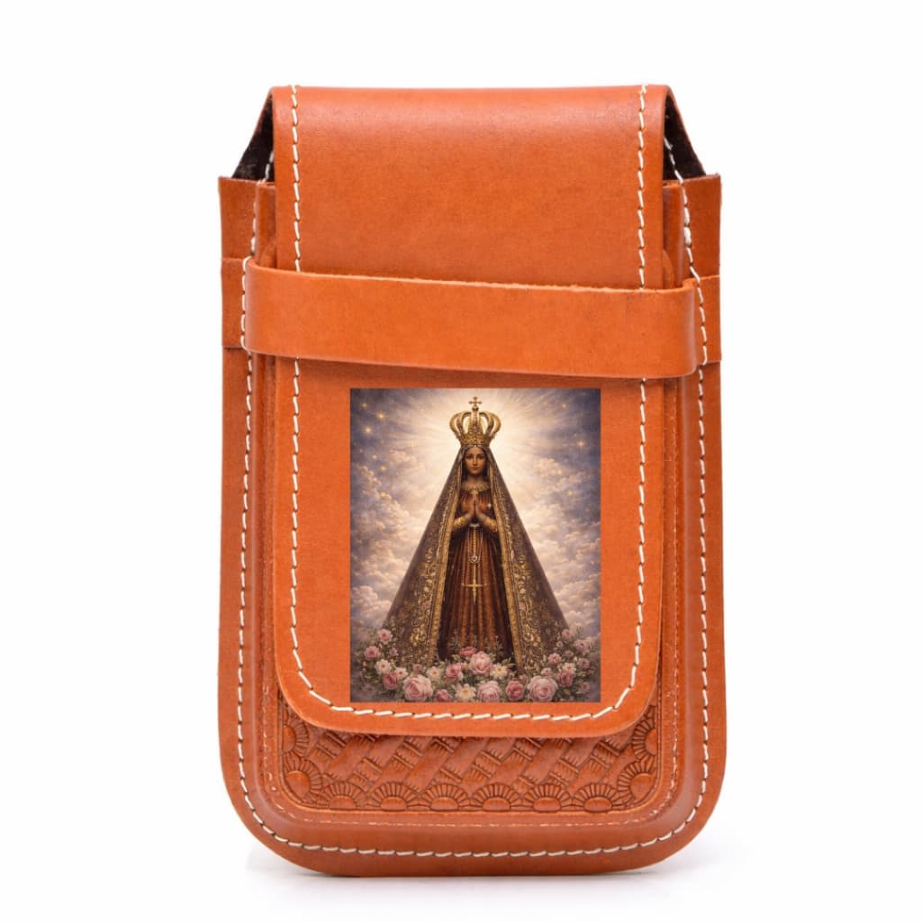 Capa Bainha de Celular Universal Desenhada Country Couro Legítimo Desenho Nossa Senhora Cavalo Boi