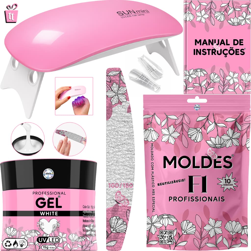 Kit UnhaGel Construtor Unhas Profissional – Molde F1 + Lixa + Mini Cabine UV/LED – Nail  Completo
