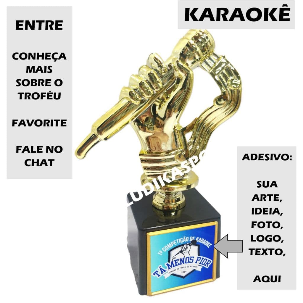 1 a 5 Troféu Música Karaokê Ouro 18cm BL1 {Personalizo} Kit Desconto Karaokê Maestro Microfone Voz