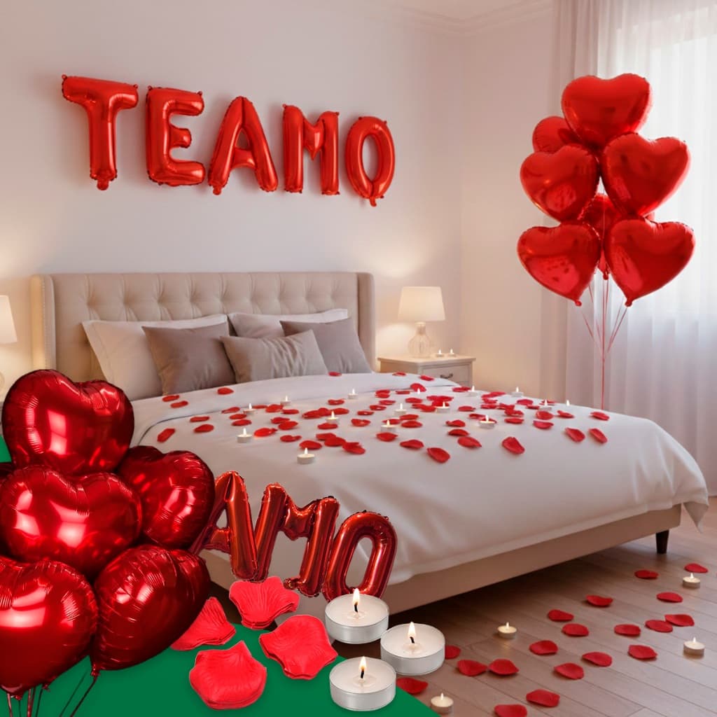 Kit Decoração Romântica 400 Pétalas 10 Velas 4 Balões + Balão Eu Te Amo