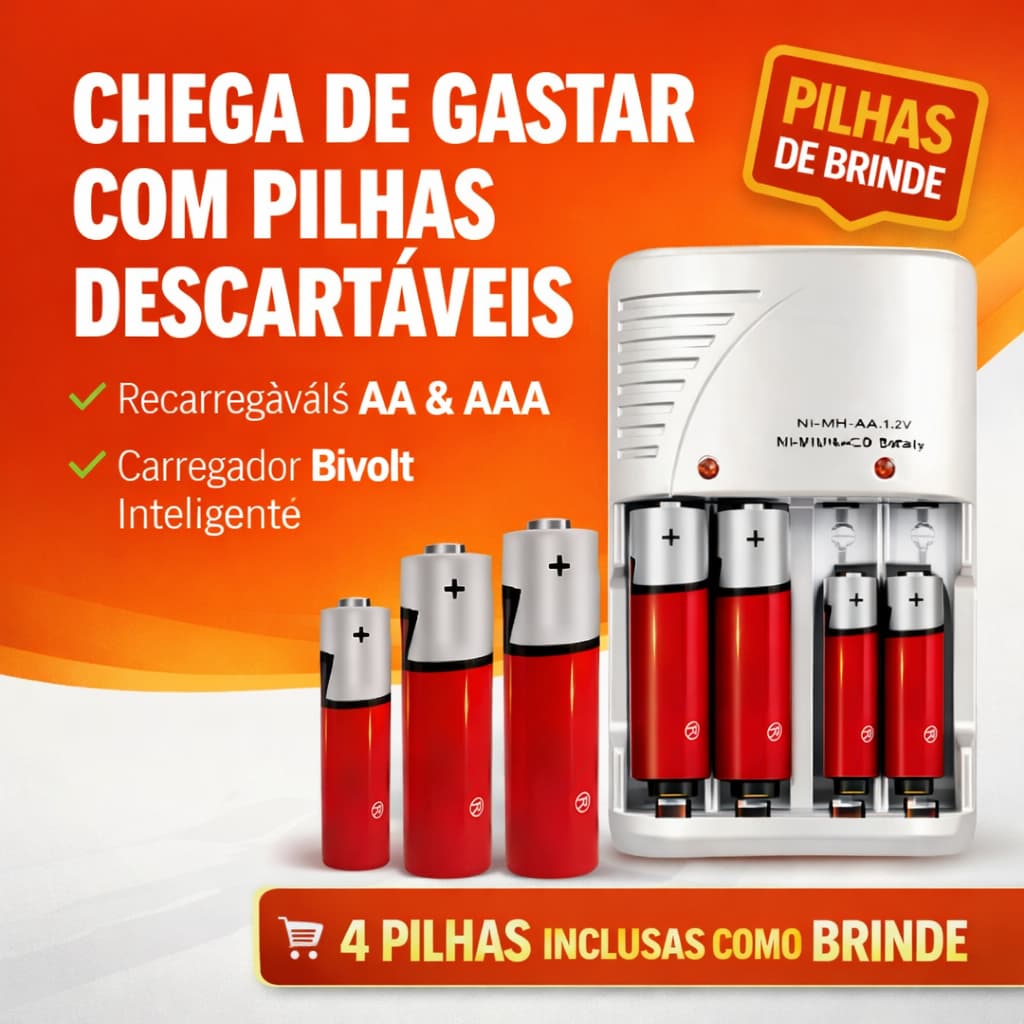 Carregador de Pilhas AA AAA Bivolt com 4 Pilhas Recarregáveis Inteligente