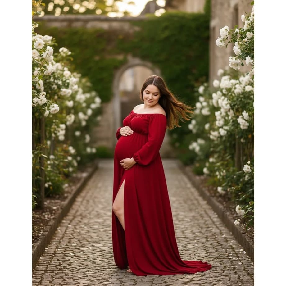 Vestido Gestante Longo Para Foto, Fenda, Ombro A Ombro G21