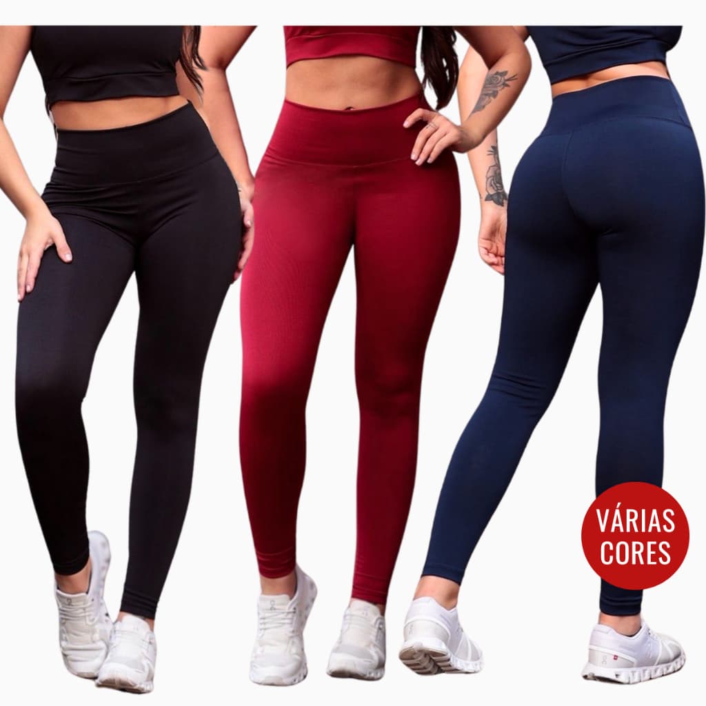 Kit 3 Calças Legging Feminina Suplex Cintura Alta Modeladora