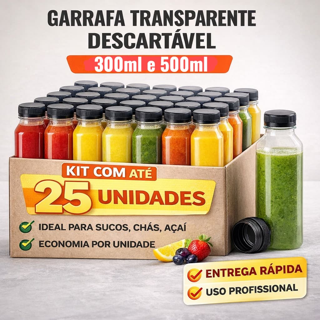 5~25 Garrafas Descartáveis [300ml ou 500ml Transparente] para bebidas sucos vitaminas