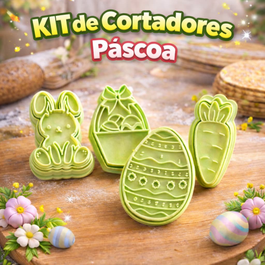 Kit 4 Cortadores Marcador Molde Páscoa | Biscoito Massas Confeitaria Coelho Cesta Ovo Cenoura