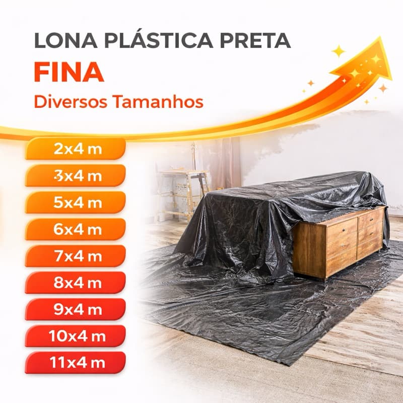 Lona Plástica Preta, Proteção Pintura, Obra, Reforma - Vários Tamanhos - FINA